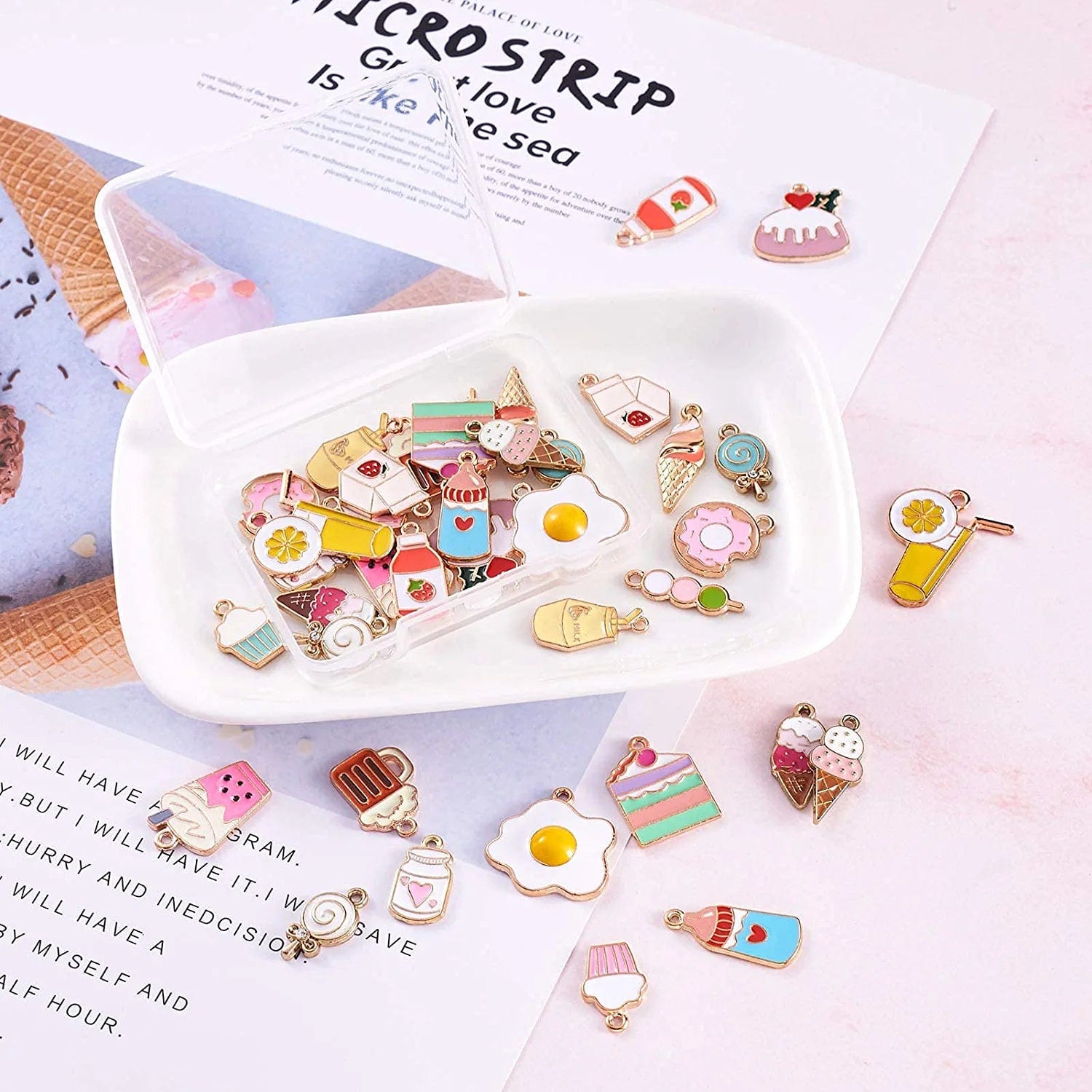 40Pcs Food Theme Enamel Pendant 20 Styles Light Gold Plated Donut Lollipop Ice Cream Cup Cake Bubble Tea Milk Dangle Charm for Earring Bracelet Necklace Jewelry Making