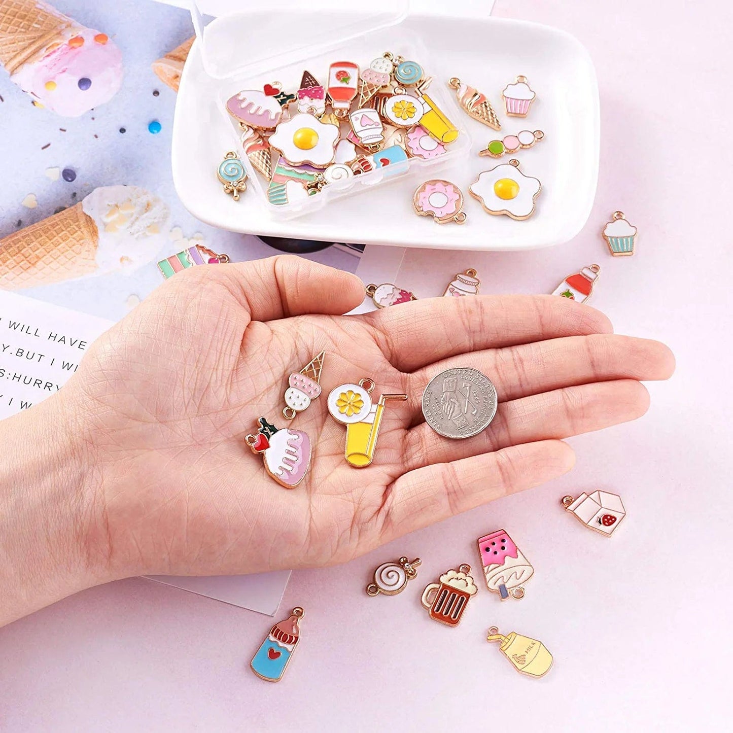 40Pcs Food Theme Enamel Pendant 20 Styles Light Gold Plated Donut Lollipop Ice Cream Cup Cake Bubble Tea Milk Dangle Charm for Earring Bracelet Necklace Jewelry Making