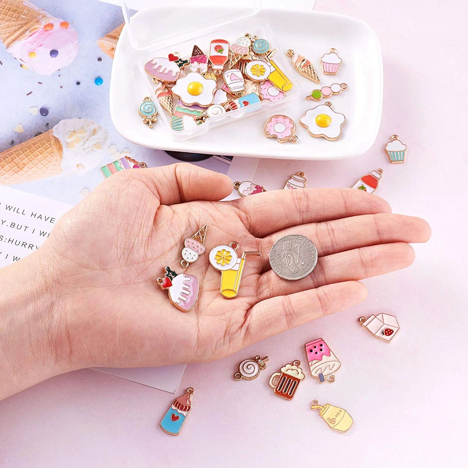 40Pcs Food Theme Enamel Pendant 20 Styles Light Gold Plated Donut Lollipop Ice Cream Cup Cake Bubble Tea Milk Dangle Charm for Earring Bracelet Necklace Jewelry Making