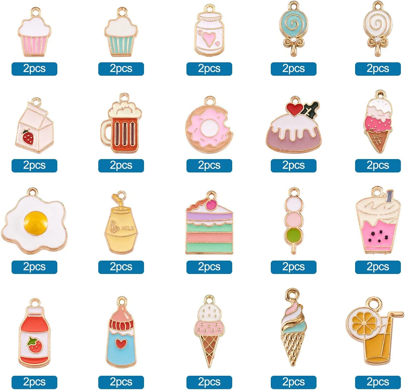 40Pcs Food Theme Enamel Pendant 20 Styles Light Gold Plated Donut Lollipop Ice Cream Cup Cake Bubble Tea Milk Dangle Charm for Earring Bracelet Necklace Jewelry Making