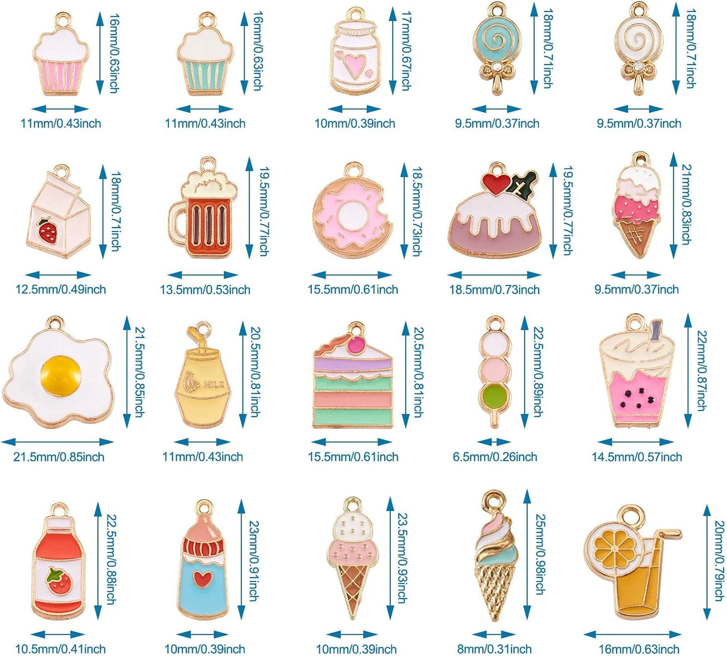 40Pcs Food Theme Enamel Pendant 20 Styles Light Gold Plated Donut Lollipop Ice Cream Cup Cake Bubble Tea Milk Dangle Charm for Earring Bracelet Necklace Jewelry Making