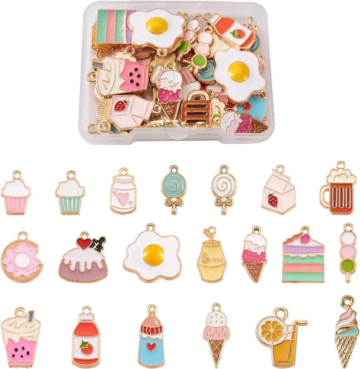 40Pcs Food Theme Enamel Pendant 20 Styles Light Gold Plated Donut Lollipop Ice Cream Cup Cake Bubble Tea Milk Dangle Charm for Earring Bracelet Necklace Jewelry Making Mixed Color, Snack