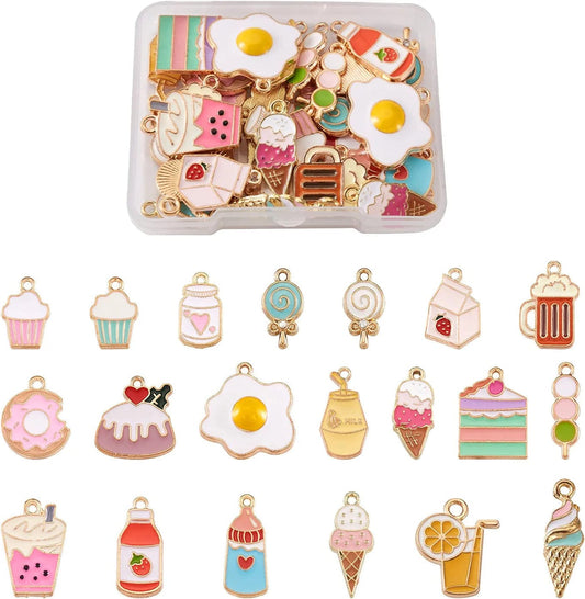 40Pcs Food Theme Enamel Pendant 20 Styles Light Gold Plated Donut Lollipop Ice Cream Cup Cake Bubble Tea Milk Dangle Charm for Earring Bracelet Necklace Jewelry Making Mixed Color, Snack