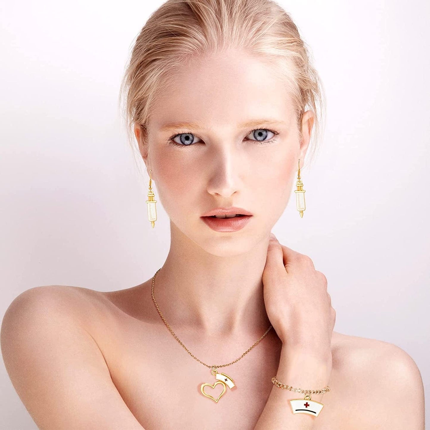 40Pcs Medical Nurse Charms Pendant Set, Gold Alloy Stethoscope Syringe Nurse Cap Hat for Jewelry Making Findings DIY Necklace Bracelet Craft Art Accessories