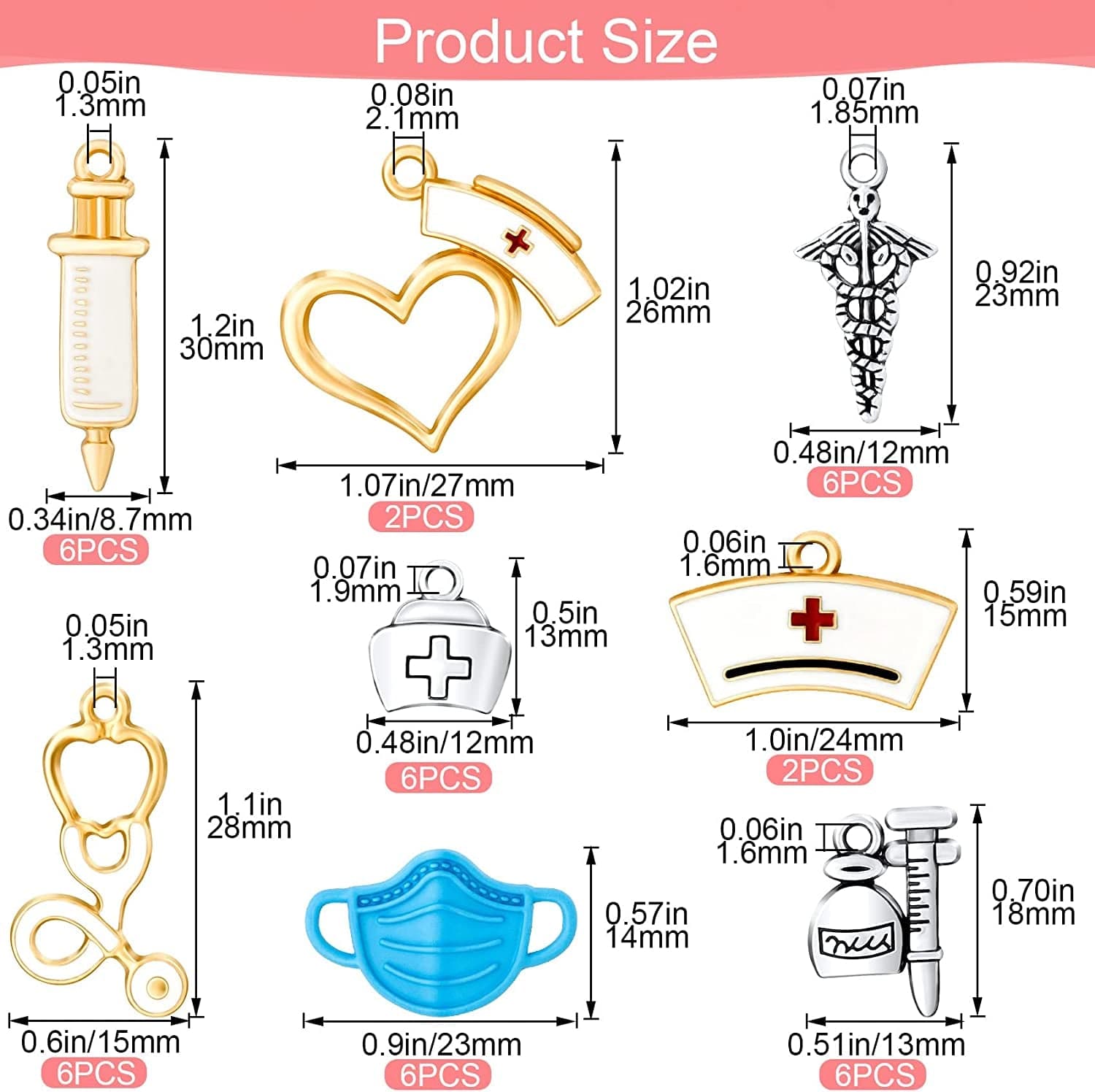 40Pcs Medical Nurse Charms Pendant Set, Gold Alloy Stethoscope Syringe Nurse Cap Hat for Jewelry Making Findings DIY Necklace Bracelet Craft Art Accessories