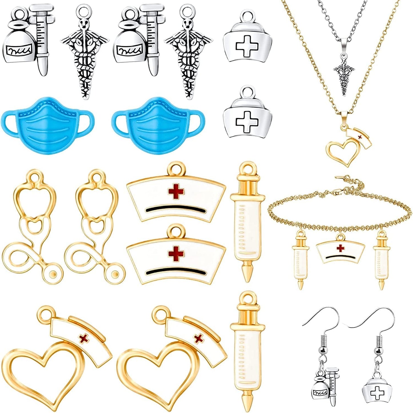 40Pcs Medical Nurse Charms Pendant Set, Gold Alloy Stethoscope Syringe Nurse Cap Hat for Jewelry Making Findings DIY Necklace Bracelet Craft Art Accessories