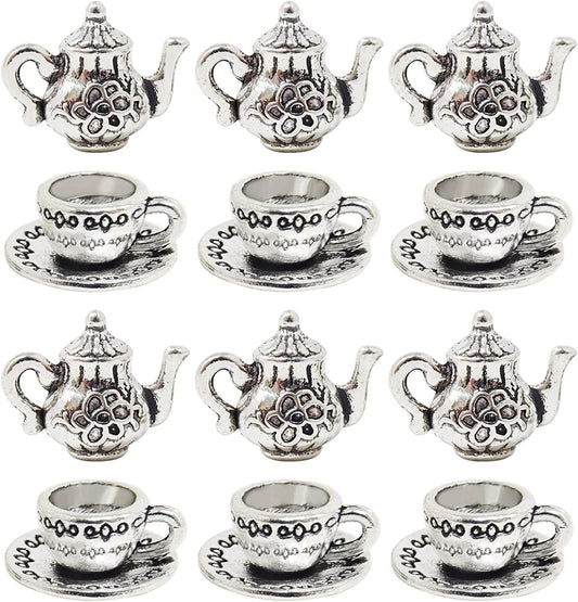 40PCS Metal Teapot Tea Cup Charms Pendant Antique Silver Plated Coffee Mug Jewelry Findings for DIY Necklace Earring Bracelet Keychain Craft Making silver