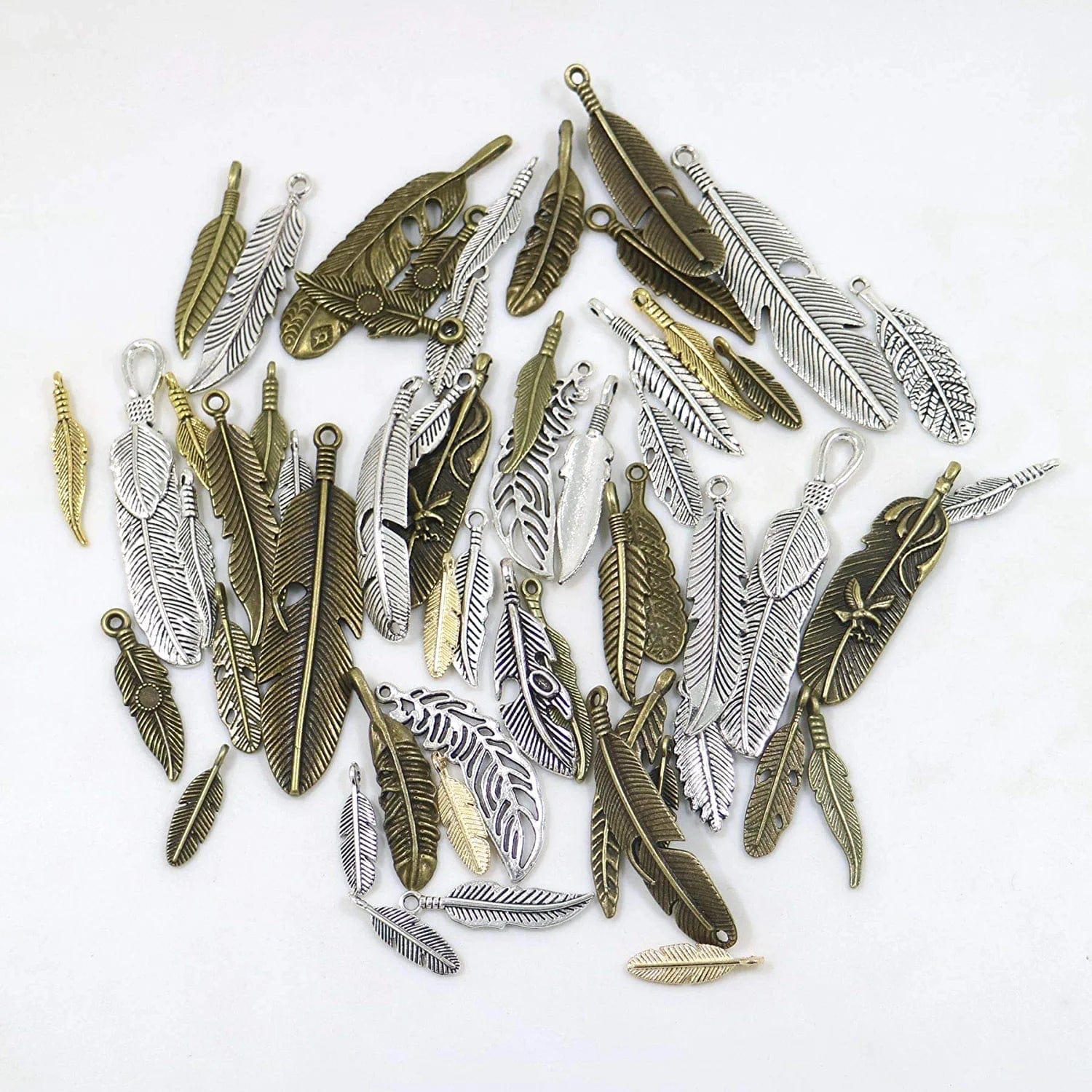 40Pcs Mixed Antique Bronze/Antique Silver Feather Charms Pendants Jewelry Making Accessories DIY