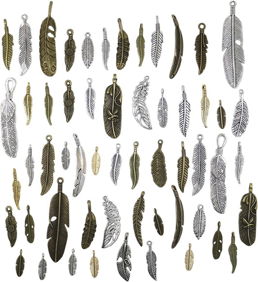 40Pcs Mixed Antique Bronze/Antique Silver Feather Charms Pendants Jewelry Making Accessories DIY