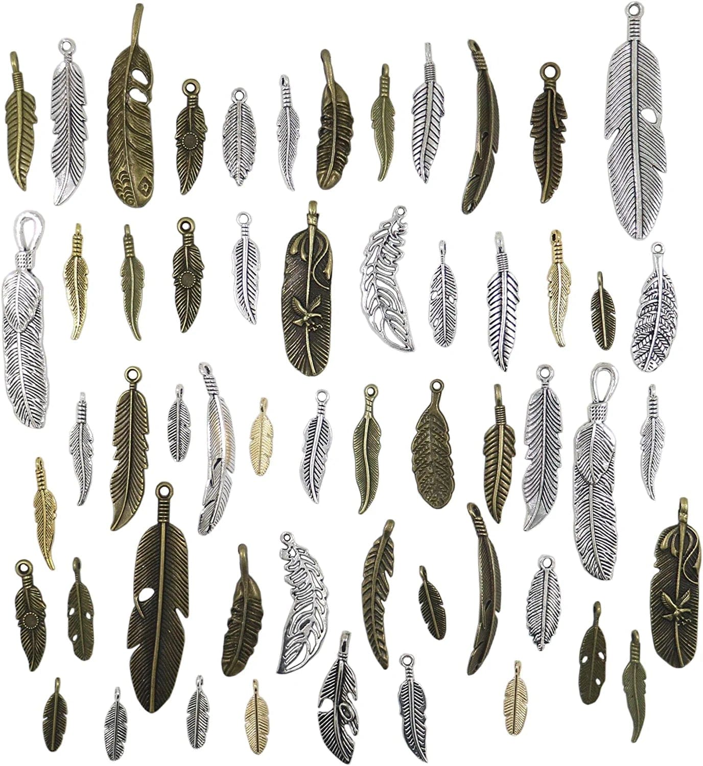 40Pcs Mixed Antique Bronze/Antique Silver Feather Charms Pendants Jewelry Making Accessories DIY