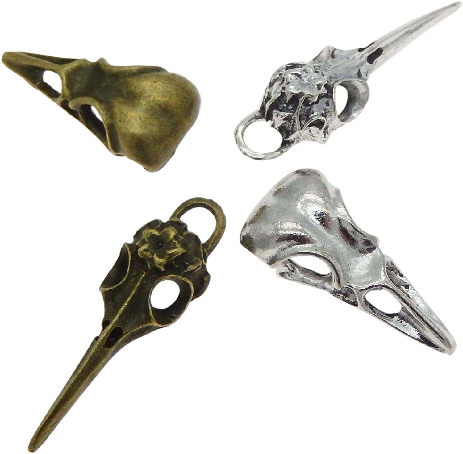 40Pcs Mixed Bronze Silver Raven Skull Bird Head Skeleton Theme Charm Pendant