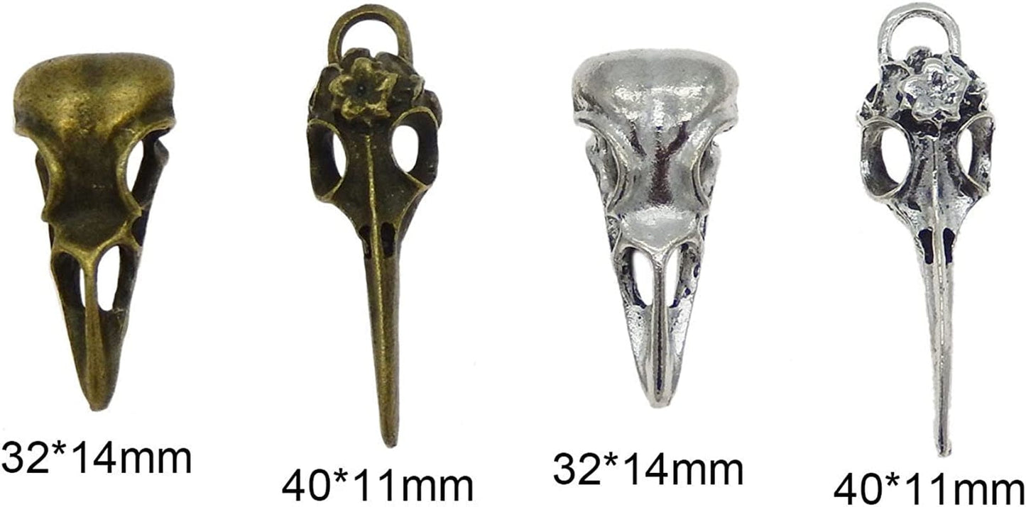 40Pcs Mixed Bronze Silver Raven Skull Bird Head Skeleton Theme Charm Pendant