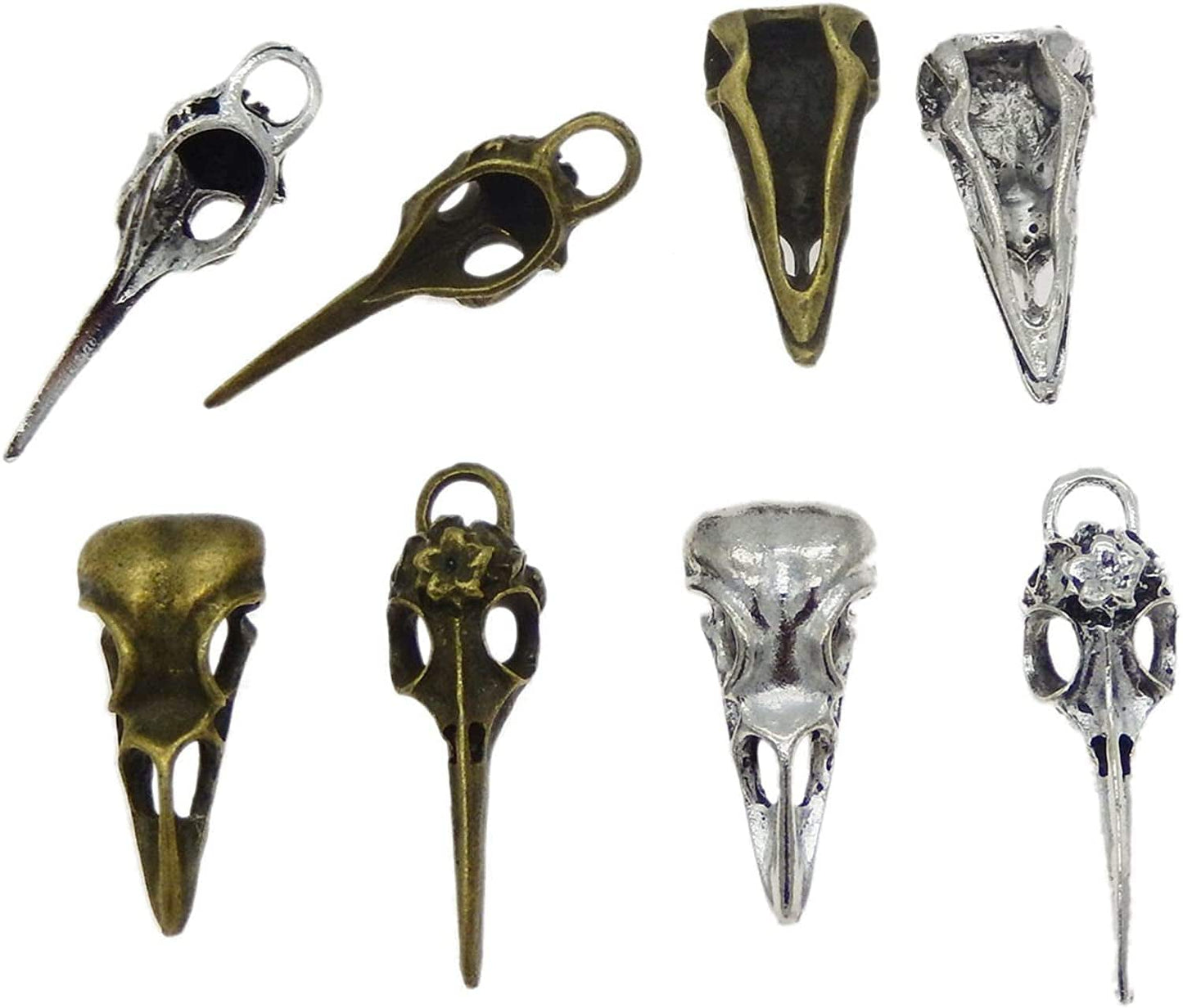 40Pcs Mixed Bronze Silver Raven Skull Bird Head Skeleton Theme Charm Pendant