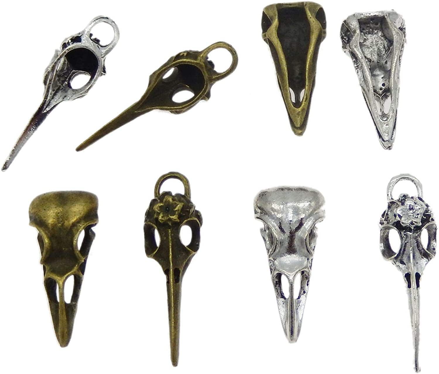 40Pcs Mixed Bronze Silver Raven Skull Bird Head Skeleton Theme Charm Pendant