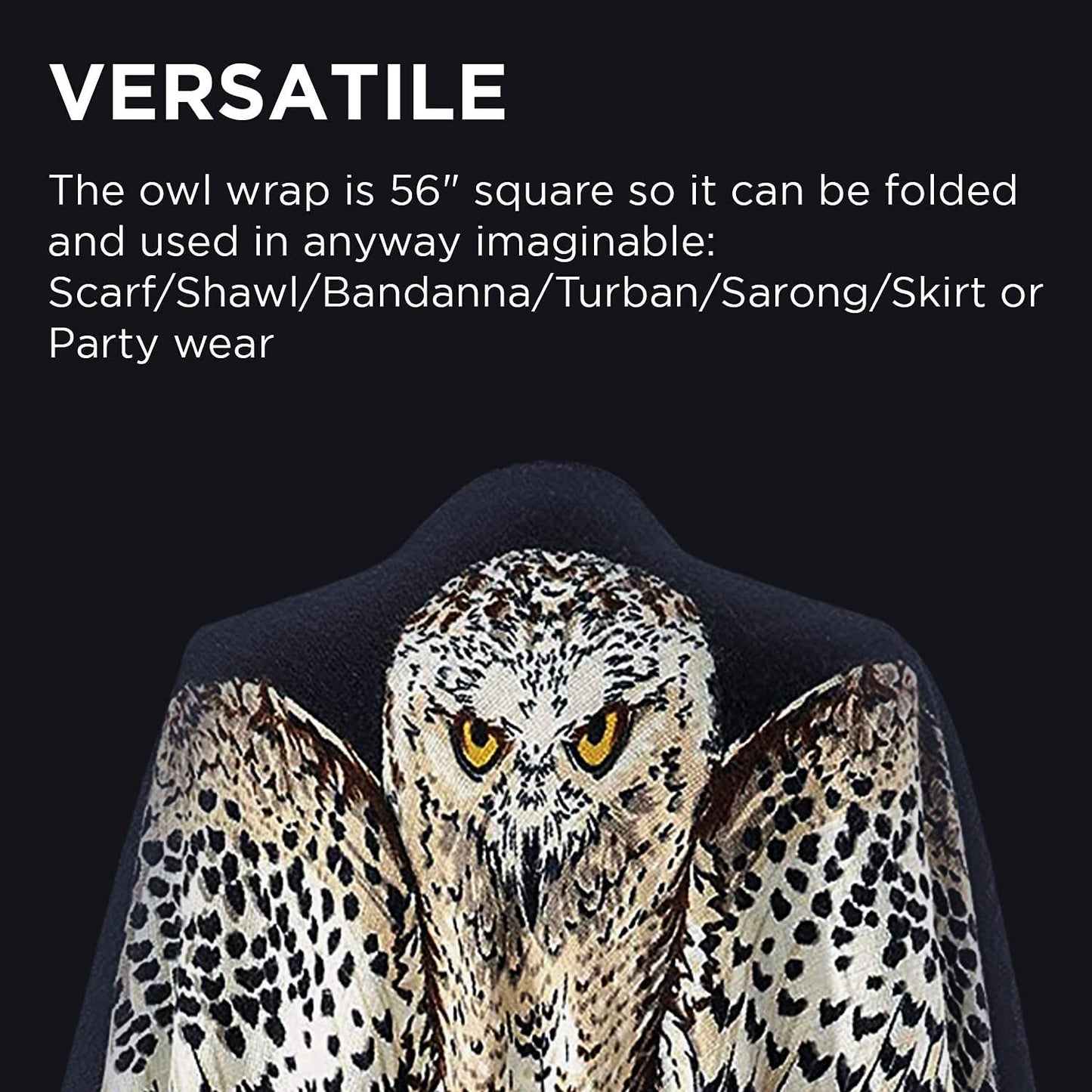 PGI Traders Owl Scarf/Shawl | Black or Gray Reversible Print | Warm and Stylish | Party, Halloween, Festival, Office | Ultra Soft Acrylic | 56” Square Apparel & Accessories > Clothing Accessories > Scarves & Shawls MAXNEW CREATION LIMITED