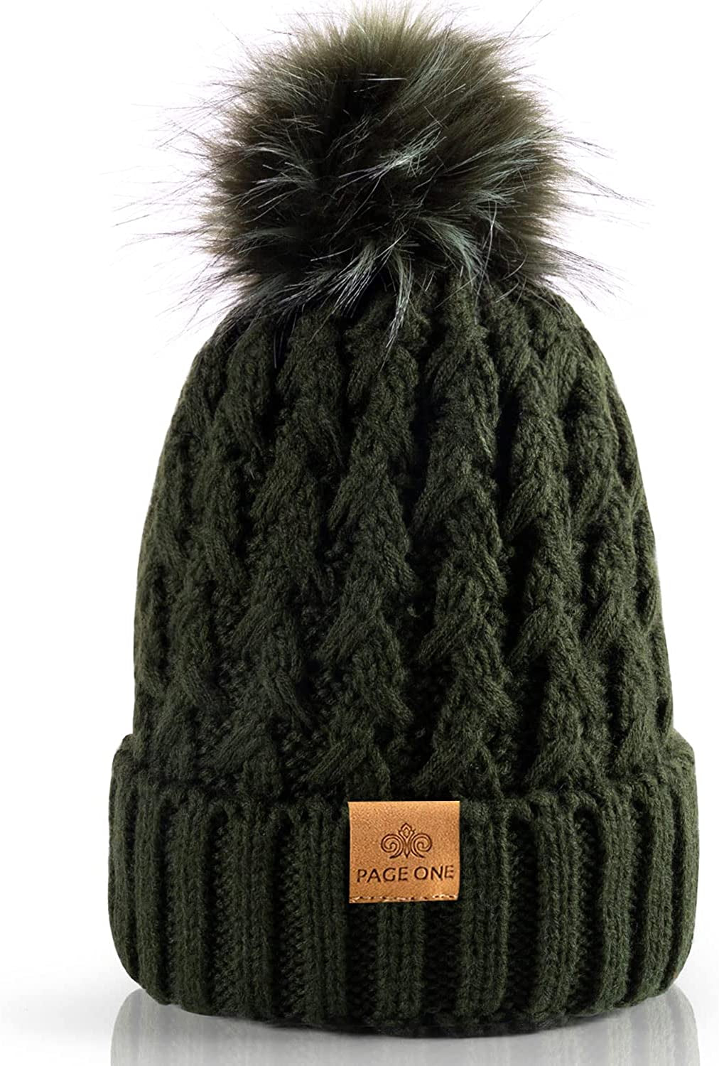 PAGE ONE Womens Winter Ribbed Beanie Crossed Cap Chunky Cable Knit Pompom Soft Warm Hat Apparel & Accessories > Clothing Accessories > Hats PAGE ONE Dark Green