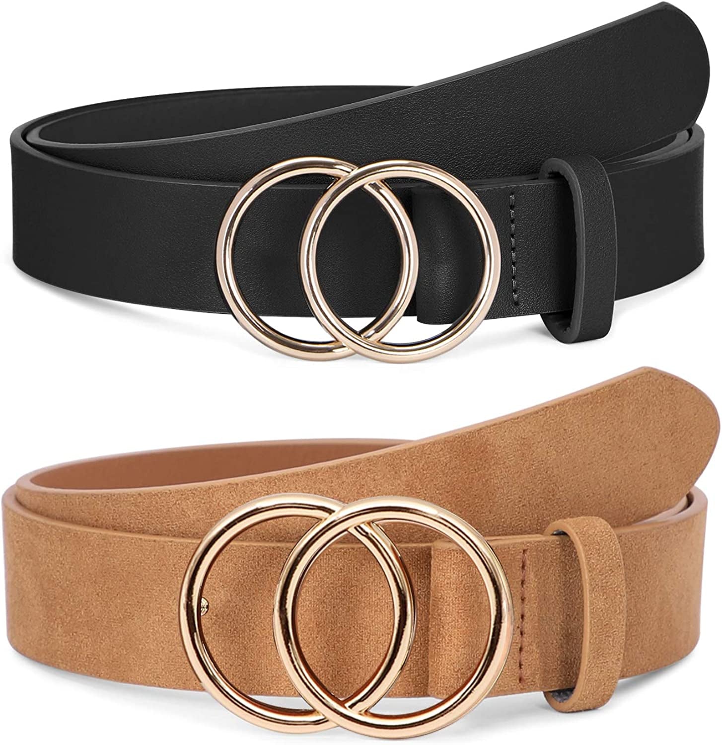 Women Leather Belt Fashion Double O-Ring Soft Faux Leather Waist Belts for Jeans Dress Apparel & Accessories > Clothing Accessories > Belts SUOSDEY M-black+khaki S: 22''-26'' Waist Size