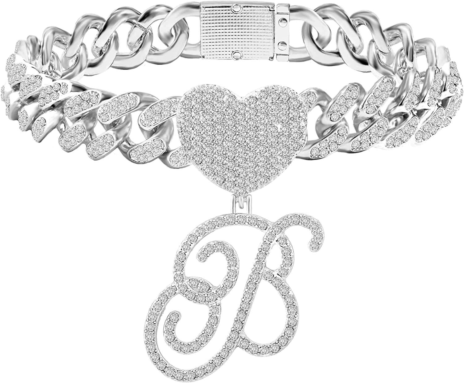 KKJTDS 13Mm Silver Cuban Link Anklets for Women Cursive Pendant Miami Cuban Link Chain Ankle Bracelets for Women Hip Hop Iced Out Letter Chain Anklet Apparel & Accessories > Jewelry > Anklets KKJTDS B