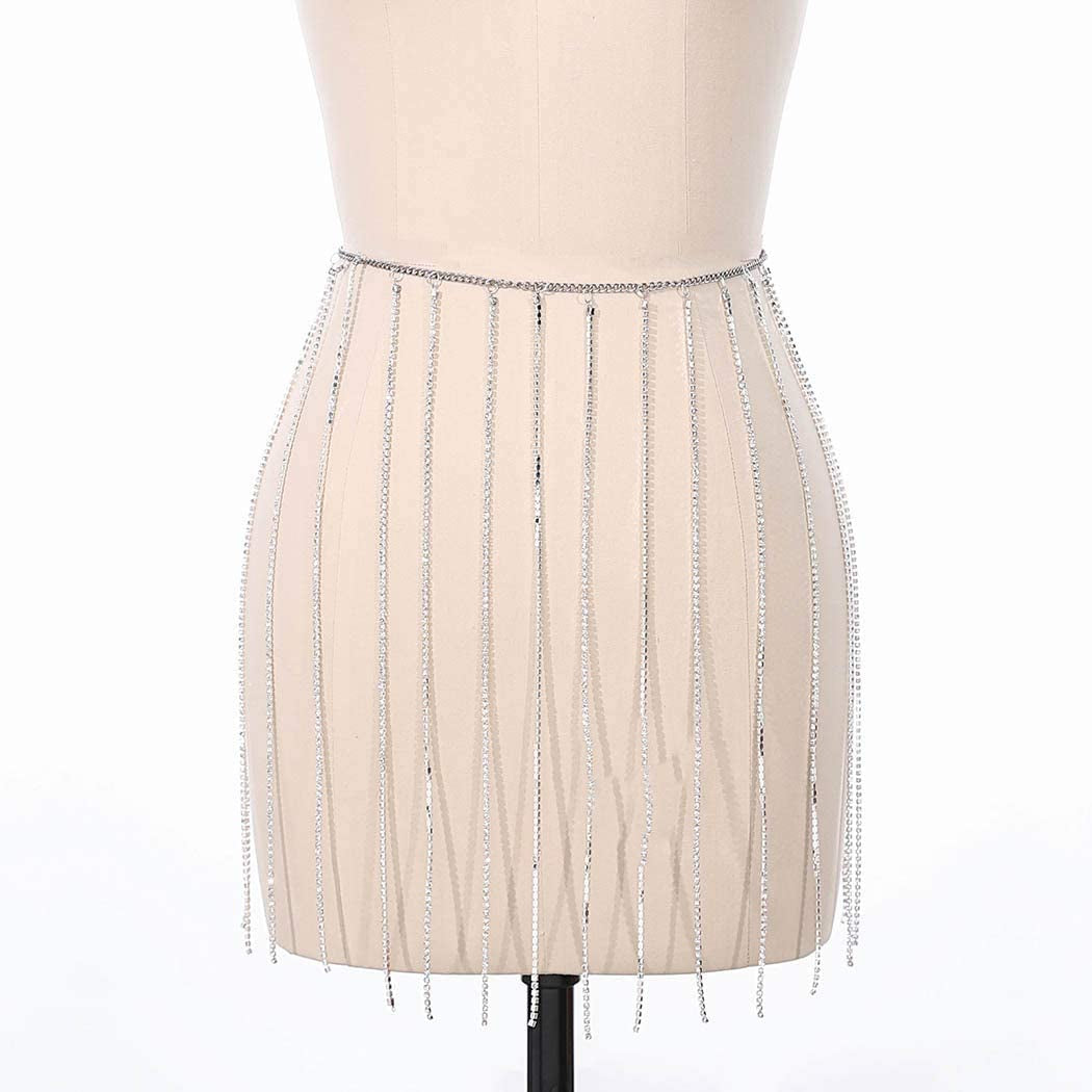 Nicute Party Rhinestone Skirt Tassel Waist Chain Crystal Body Belly Chains Club Body Jewelry for Women and Girls (Silver) Apparel & Accessories > Jewelry > Body Jewelry Nicute