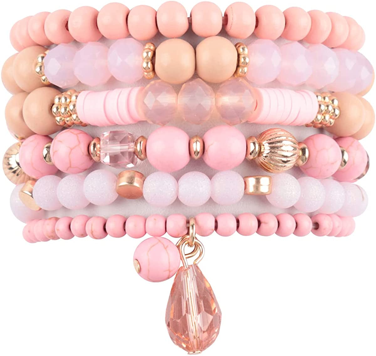 Bohemian Mix Bead Multi Layer Versatile Statement Bracelets - Stackable Beaded Strand Stretch Bangles Sparkly Crystal, Tassel Charm Apparel & Accessories > Jewelry > Bracelets RIAH FASHION Mix Bead Wood Charm Stretch Bracelet Set - Pink