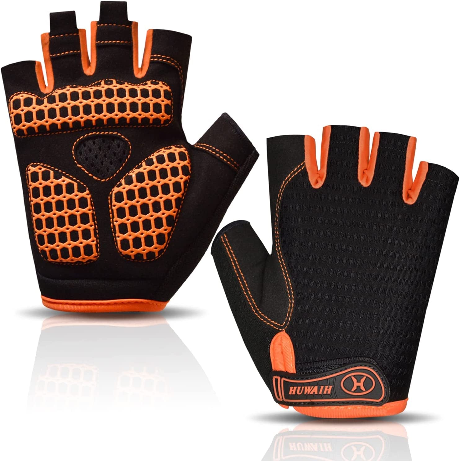 Huwaih Cycling Gloves for Men/Women anti Slip Shock Absorbing Biking Gloves Half Finger Gel Pad Bicycle Gloves Breathable Bike Gloves Apparel & Accessories > Clothing Accessories > Gloves & Mittens HuwaiH Orange L (Palm Width: 3.55"-3.74")