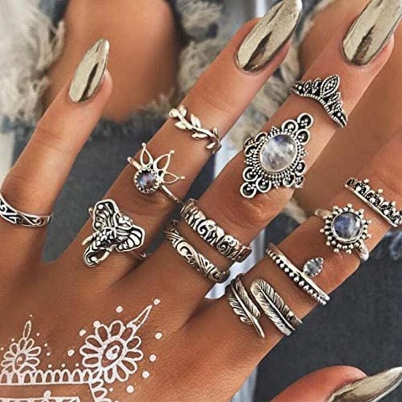 41Pc Fashion Boho Knuckle Rings Set for Women Girls Men, Vintage Retro Crystal Bohemian Midi Rings, Joint Nail Band Cuff Toe Statement Finger Rings, Snake Octopus Elephant Feather (41 Pcs a Set)