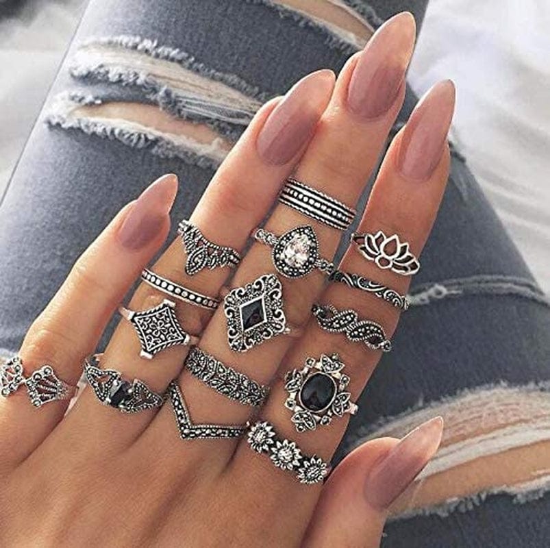 41Pc Fashion Boho Knuckle Rings Set for Women Girls Men, Vintage Retro Crystal Bohemian Midi Rings, Joint Nail Band Cuff Toe Statement Finger Rings, Snake Octopus Elephant Feather (41 Pcs a Set)