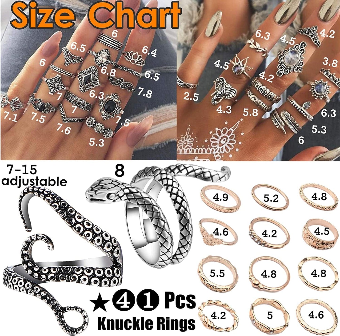 41Pc Fashion Boho Knuckle Rings Set for Women Girls Men, Vintage Retro Crystal Bohemian Midi Rings, Joint Nail Band Cuff Toe Statement Finger Rings, Snake Octopus Elephant Feather (41 Pcs a Set)