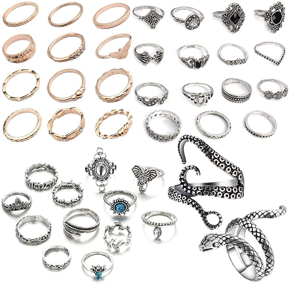 41Pc Fashion Boho Knuckle Rings Set for Women Girls Men, Vintage Retro Crystal Bohemian Midi Rings, Joint Nail Band Cuff Toe Statement Finger Rings, Snake Octopus Elephant Feather (41 Pcs a Set)