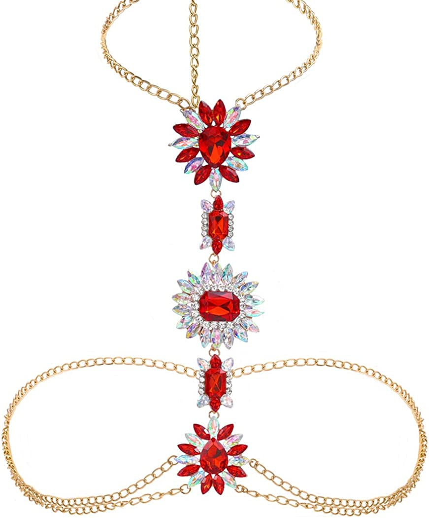 ELABEST Boho Rhinestone Statement Chest Chain Crystal Necklace Body Chain Summer Beach Body Jewelry Accessories for Women and Girls Apparel & Accessories > Jewelry > Body Jewelry ELABEST Red 2