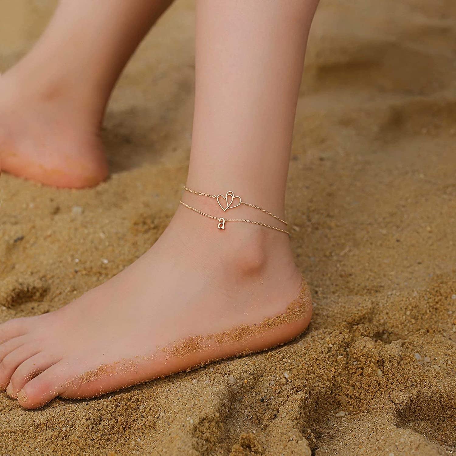 Turandoss Initial Heart Ankle Bracelets for Women, 14K Gold Filled Handmade Layered Initial Anklet Letter Two Heart Ankle Bracelets for Women Girls Beach Jewelry Apparel & Accessories > Jewelry > Anklets Turandoss