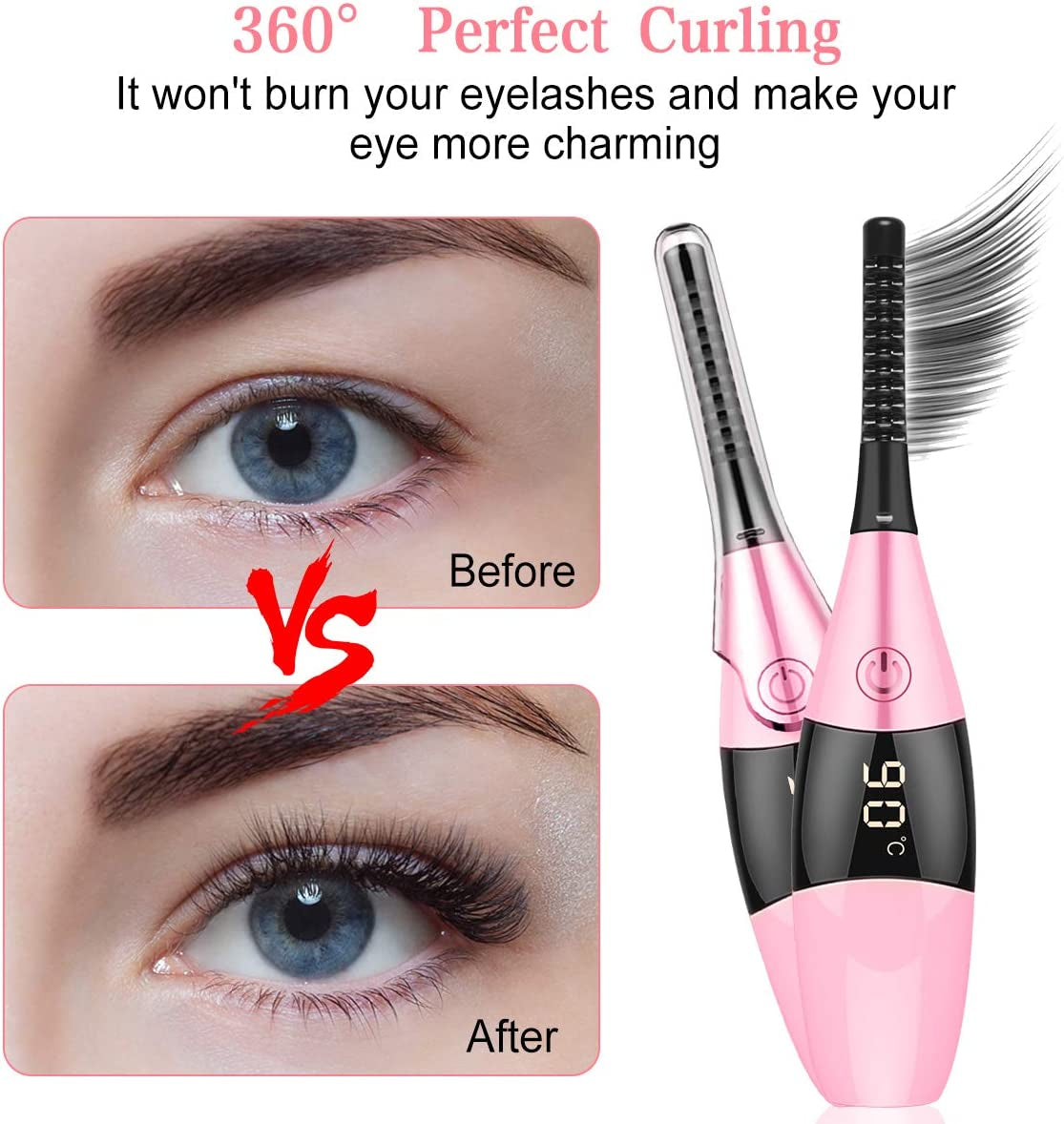 Muisci Heated Eyelash Curler, Portable USB Rechargeable, 4 Temperature Adjustable with LED Digital Display, Quick and Convenient Makeup and Beauty Eyelash Styling Tool Pink Health & Beauty > Personal Care > Cosmetics > Cosmetic Tools > Makeup Tools MuiSci