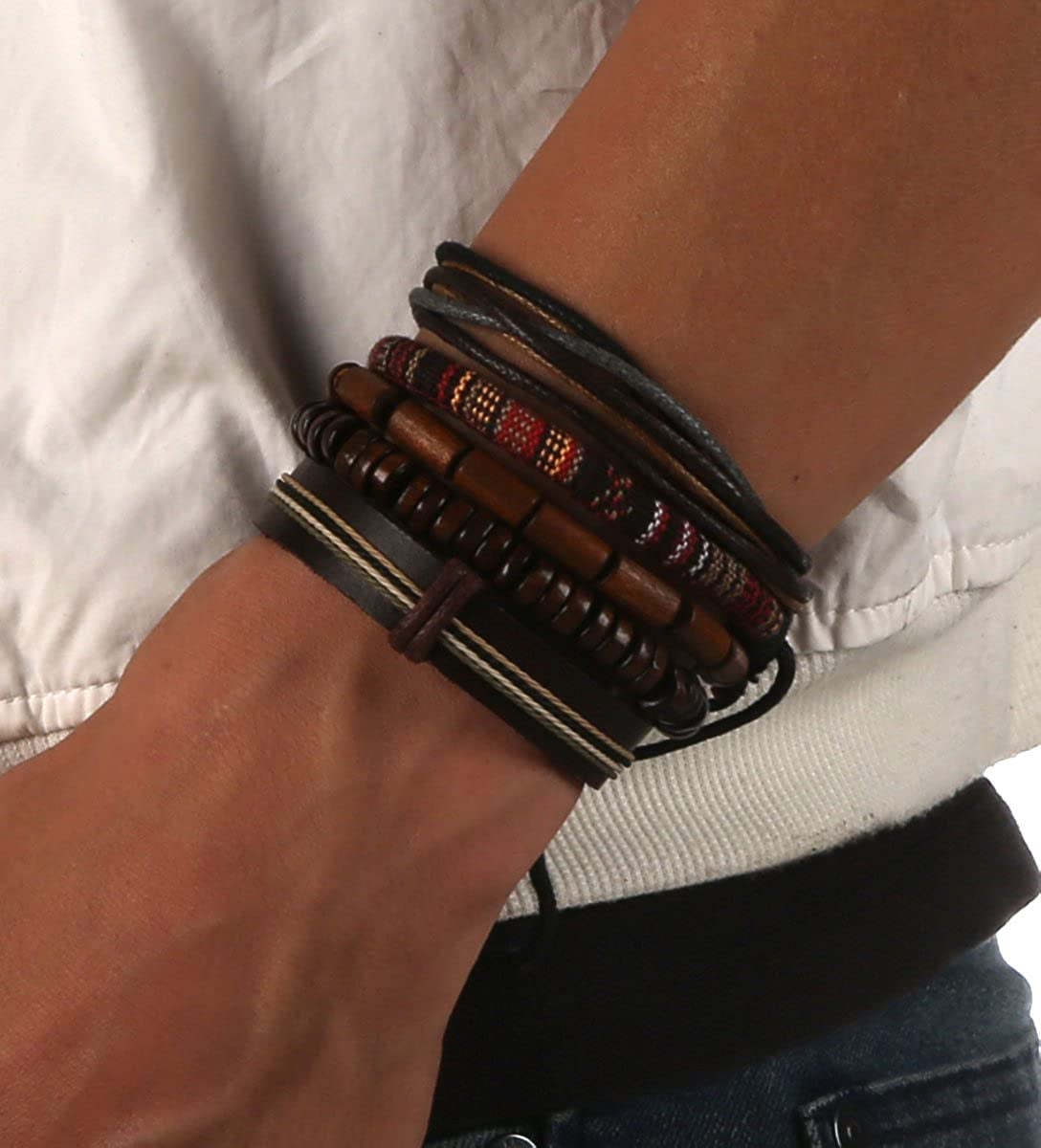 HZMAN Wrap Bracelets Men Women, Hemp Cords Wood Beads Ethnic Tribal Bracelets, Leather Wristbands Apparel & Accessories > Jewelry > Bracelets HZMAN
