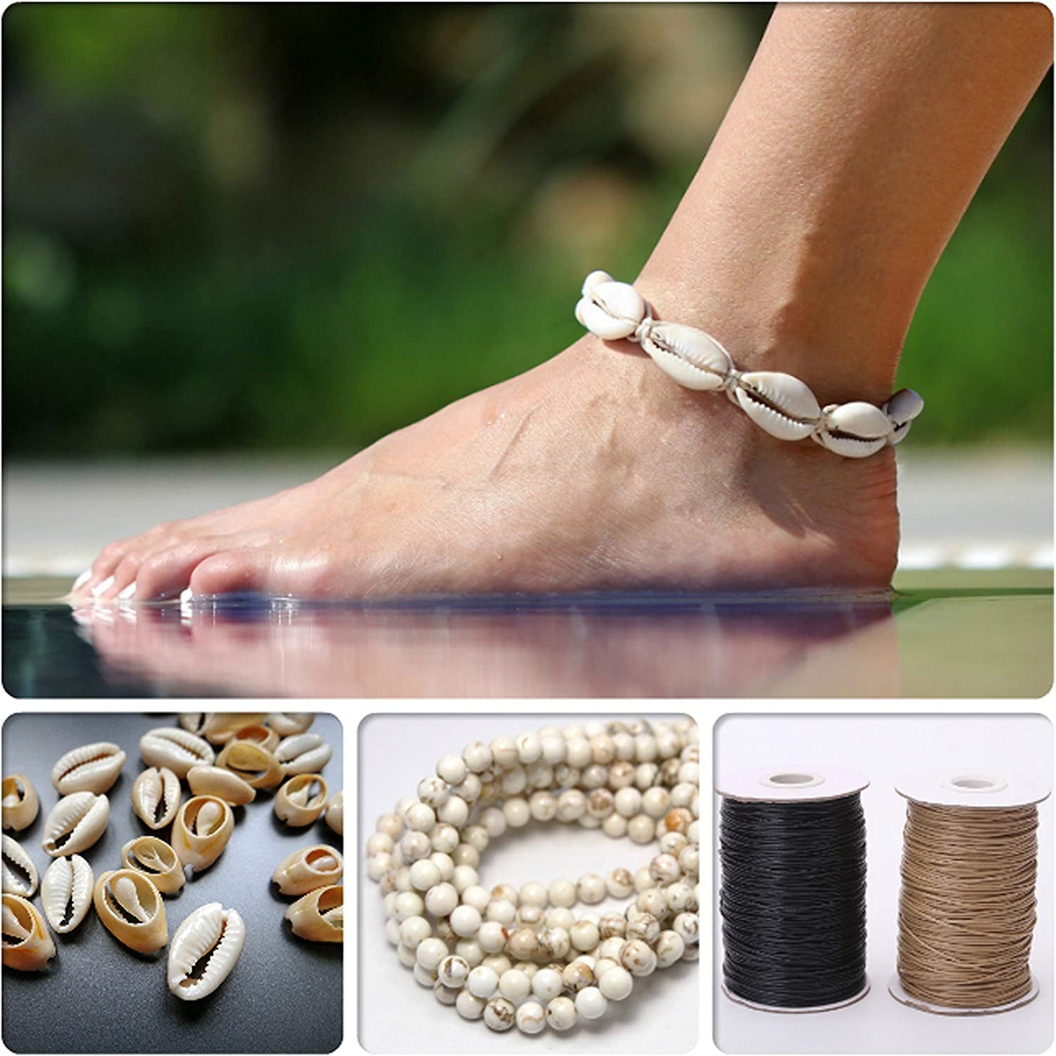 POTESSA Natural Cowrie Beads Shell Anklet Bracelet Handmade Beach Foot Jewelry Hawaiian Jamaican Style Adjustable for Women Unisex Apparel & Accessories > Jewelry > Anklets POTESSA