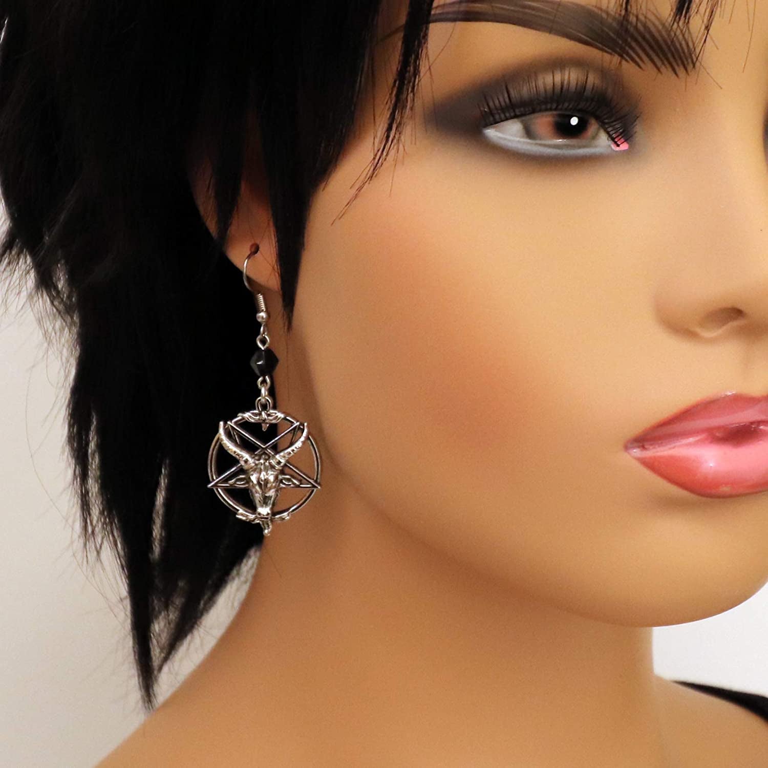 Baphomet Satanic Goat Head Inverted Pentagram Silver Finish Dangle Earrings Apparel & Accessories > Jewelry > Earrings Real Metal