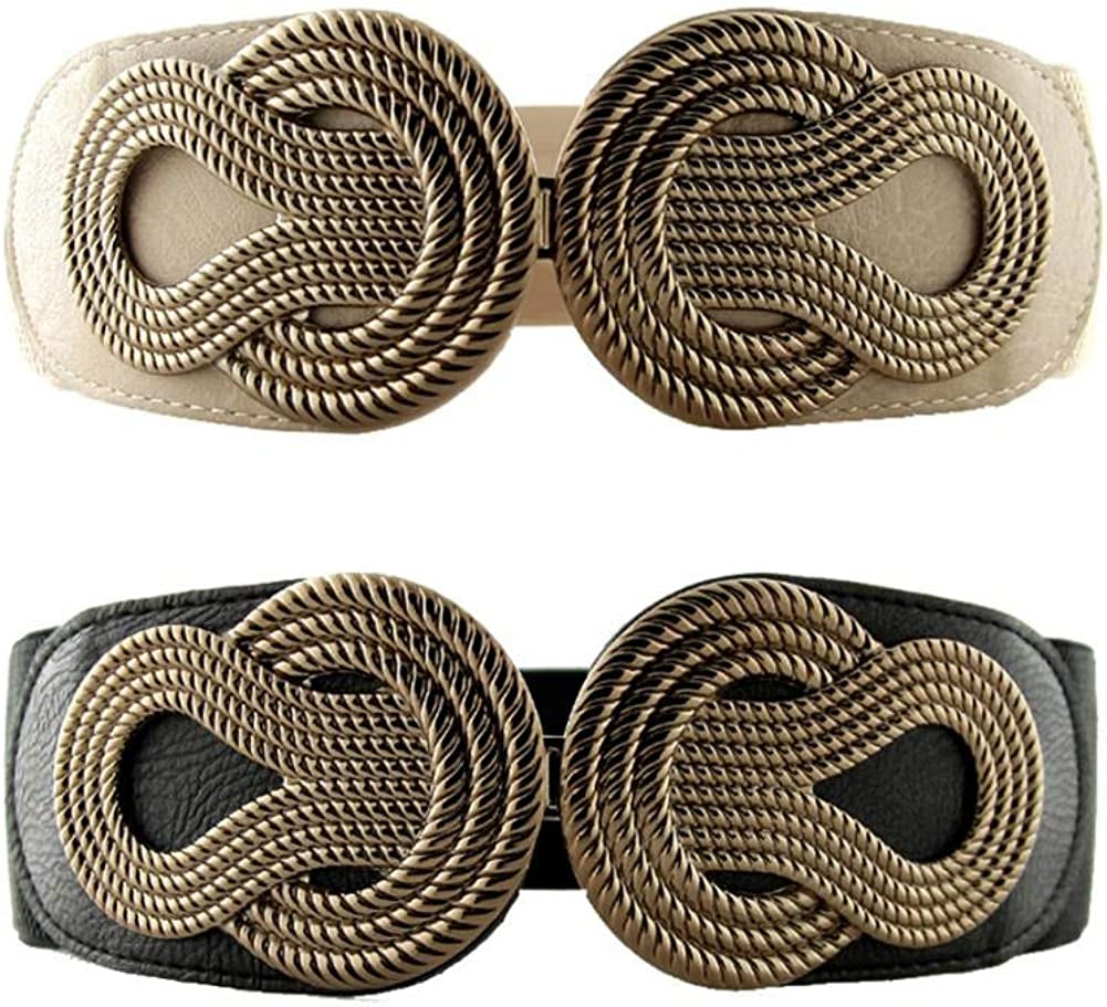 VOCHIC 2Pcs Vintage Basic Stretchy Elastic Wide Waist Belt for Womens Dress Metal Interlock Buckle Apparel & Accessories > Clothing Accessories > Belts VOCHIC Black+apricot Small(25"-32")