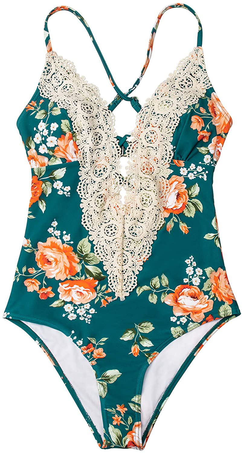 CUPSHE Fashion Women's Ladies Vintage Lace Bikini Sets Beach Swimwear Bathing Suit Apparel & Accessories > Clothing > Swimwear CUPSHE Teal Floral Small
