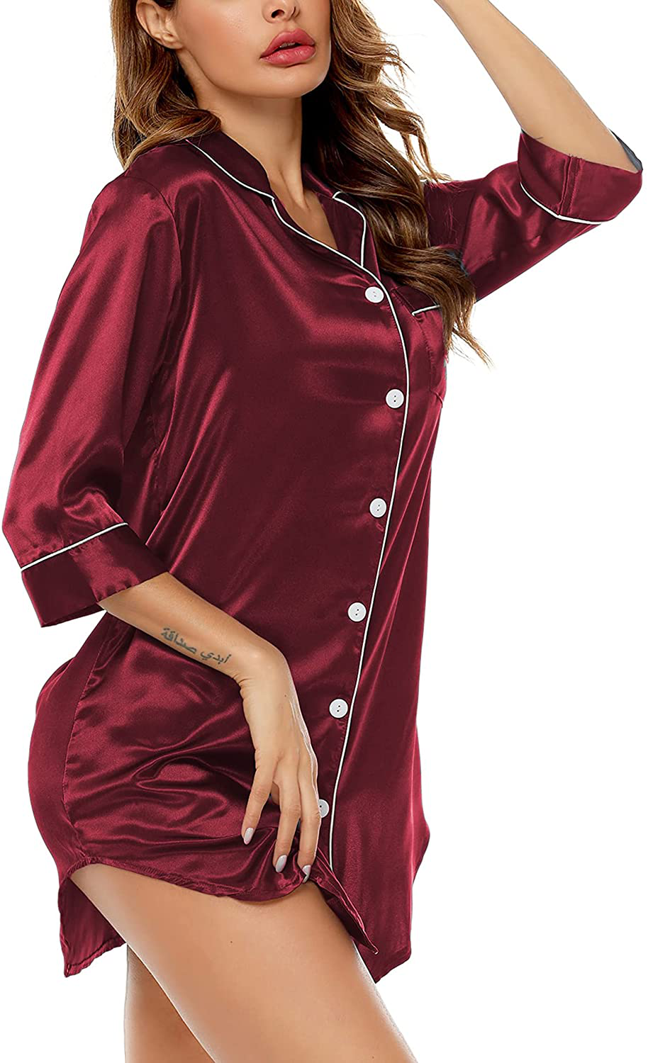 SWOMOG Women'S Satin Nightgown 3/4 Sleeve Sleepwear Button down Sleep Shirt Silk Nighty Pajama Top Apparel & Accessories > Clothing > Sleepwear & Loungewear > Nightgowns Kylie Max