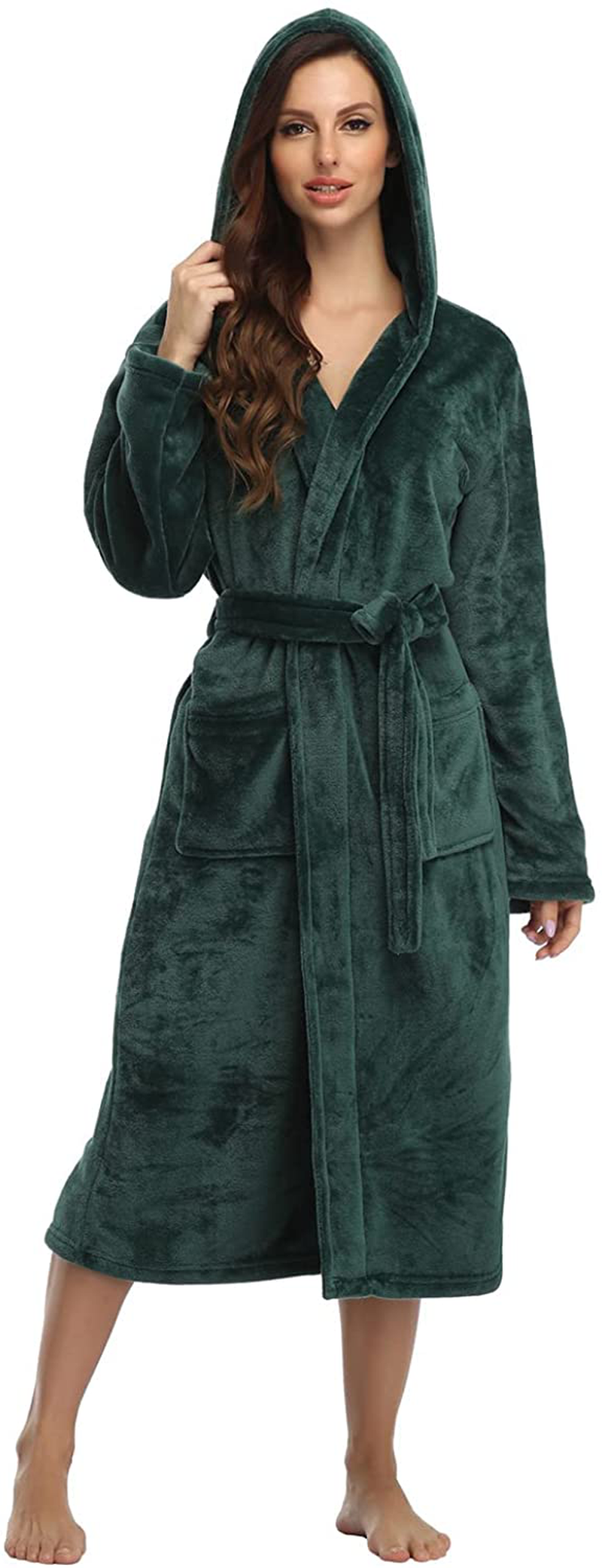 RONGTAI Womens Long Robes Plush Fleece Nightgown Thick plus Size Hooded Bathrobe with Pockets Fluffy Sleepwear for Men Apparel & Accessories > Clothing > Sleepwear & Loungewear > Robes RONGTAI Blackish Green Large
