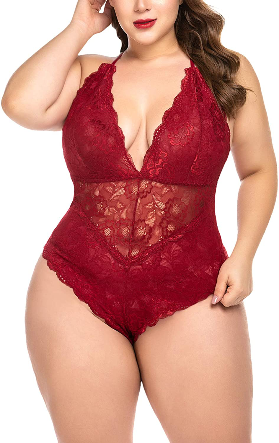 ELOVER Lingerie for Women Plus Size Lace Teddy Lingerie Bodysuit One Piece Babydoll Apparel & Accessories > Clothing > Underwear & Socks > Lingerie ELOVER Snap Crotch Bodysuit-wine Red 3X-Large