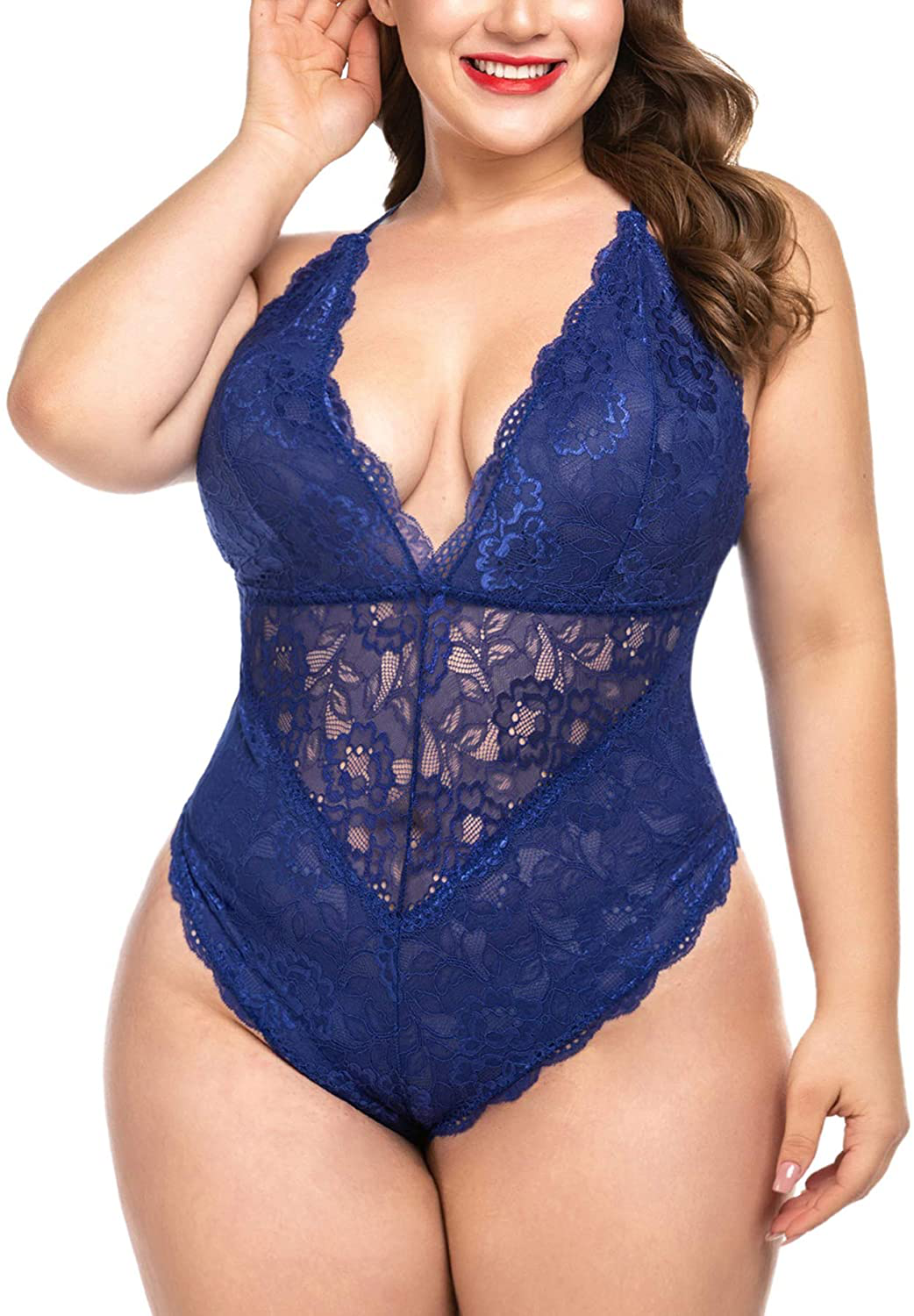 ELOVER Lingerie for Women Plus Size Lace Teddy Lingerie Bodysuit One Piece Babydoll Apparel & Accessories > Clothing > Underwear & Socks > Lingerie ELOVER Snap Crotch Bodysuit-blue 3X-Large