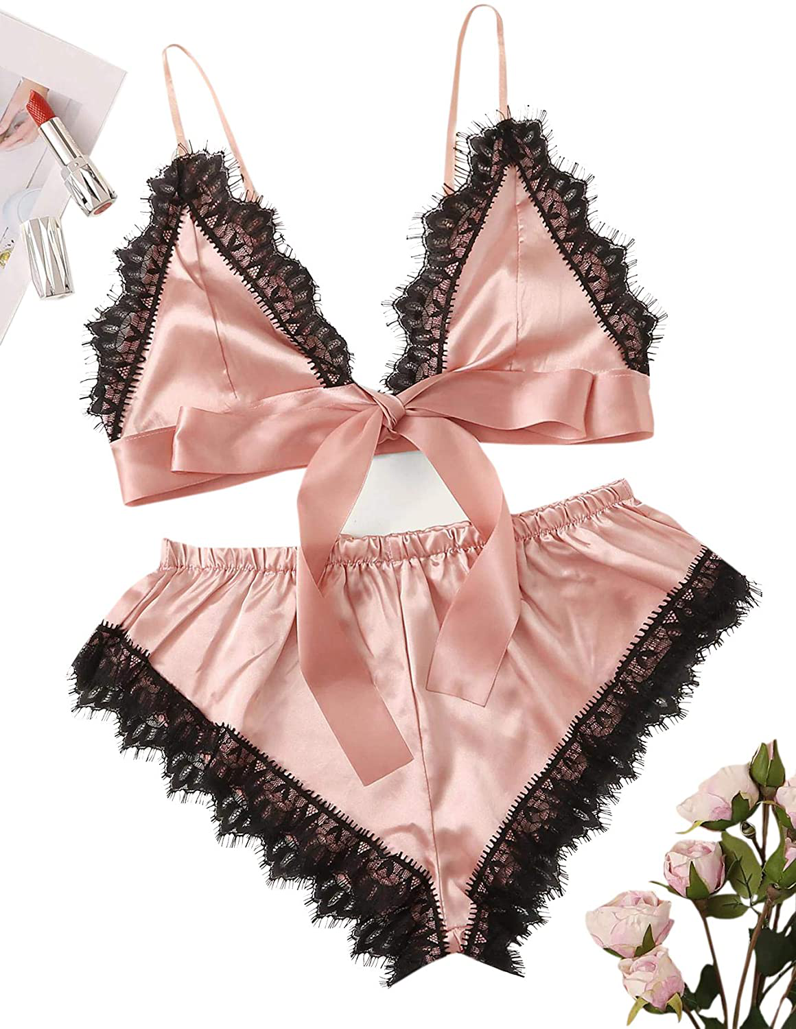 Sweatyrocks Women'S Lace Trim Underwear Lingerie Straps Bralette and Panty Set Apparel & Accessories > Clothing > Sleepwear & Loungewear Kylie Max