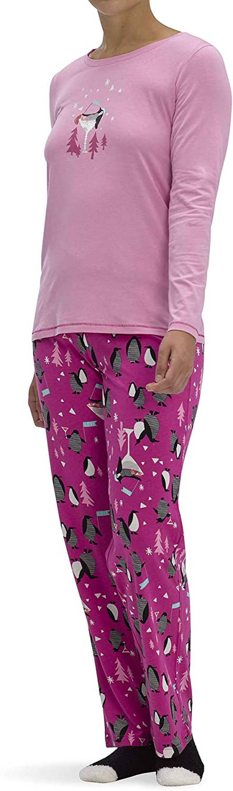 HUE Women's Printed Knit Tee and Pant 3 Piece Pajama Set Apparel & Accessories > Clothing > Sleepwear & Loungewear > Pajamas HUE Begonia Pink - Party Penguins Small