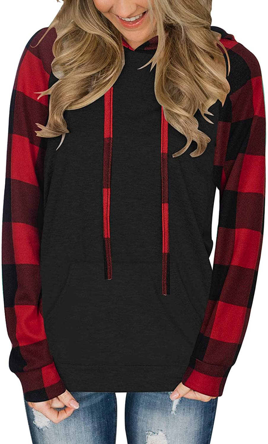 PINKMSTYLE Womens Color Block Hoodies Casual Lightweight Drawstring Pullover Sweatshirt Fall Long Sleeve Tops with Pocket Apparel & Accessories > Clothing > Activewear Kylie Max