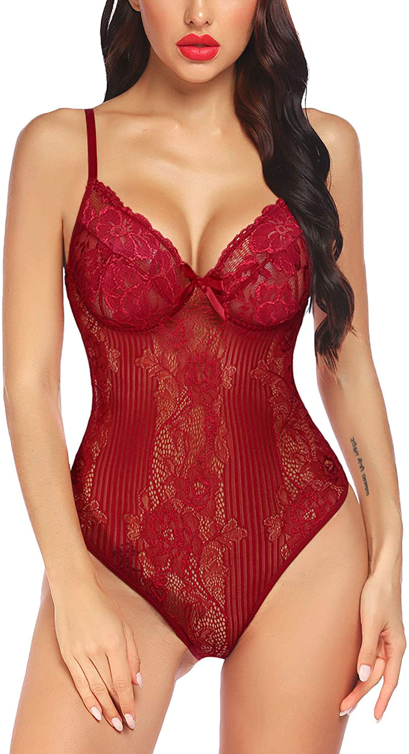 Avidlove Women Snap Crotch Lingerie Teddy One Piece Lace Bodysuit for Women Apparel & Accessories > Clothing > Underwear & Socks > Lingerie Avidlove Dark Red XX-Large