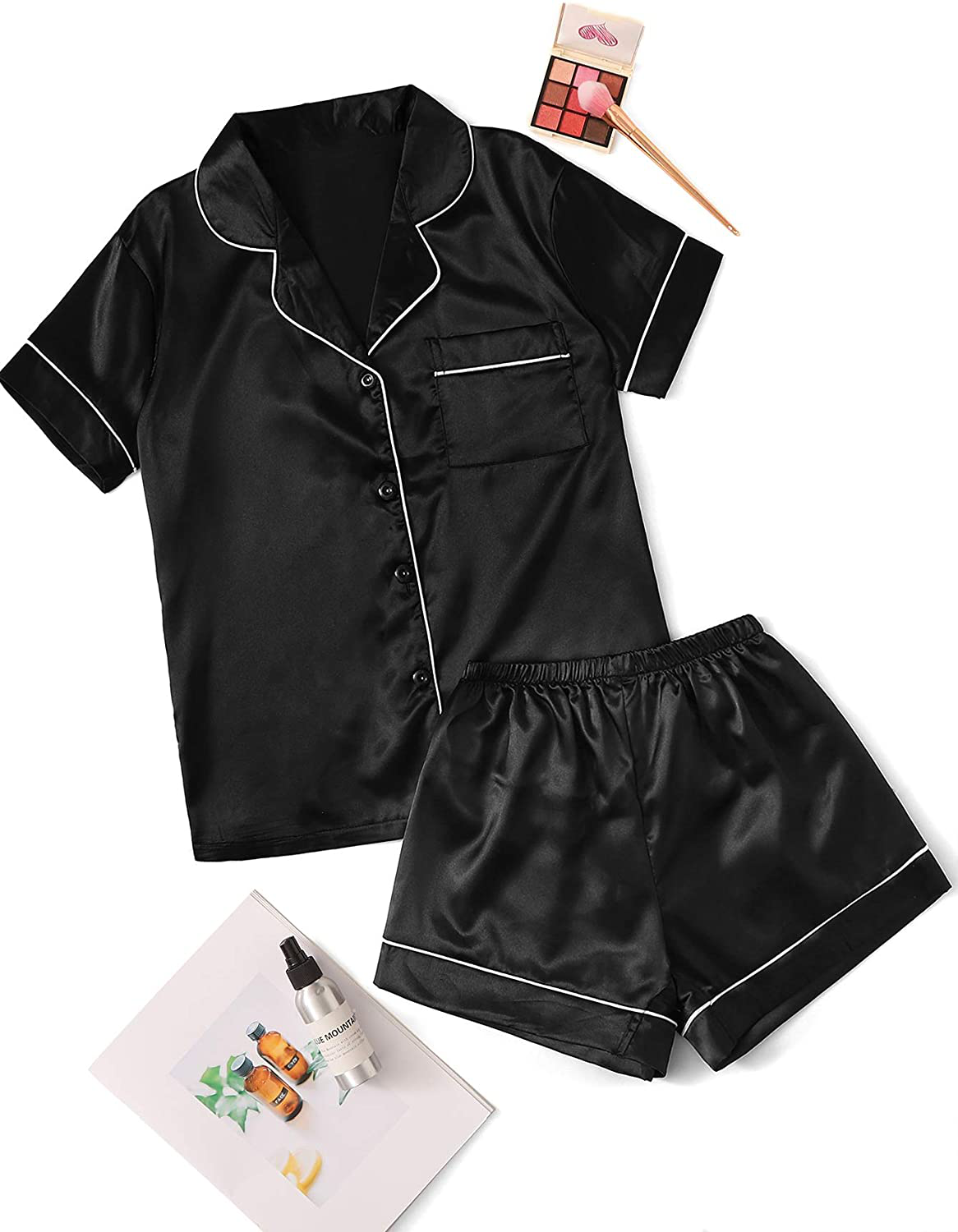 SweatyRocks Women's Short Sleeve Sleepwear Button Down Satin 2 Piece Pajama Set Apparel & Accessories > Clothing > Sleepwear & Loungewear > Pajamas SweatyRocks