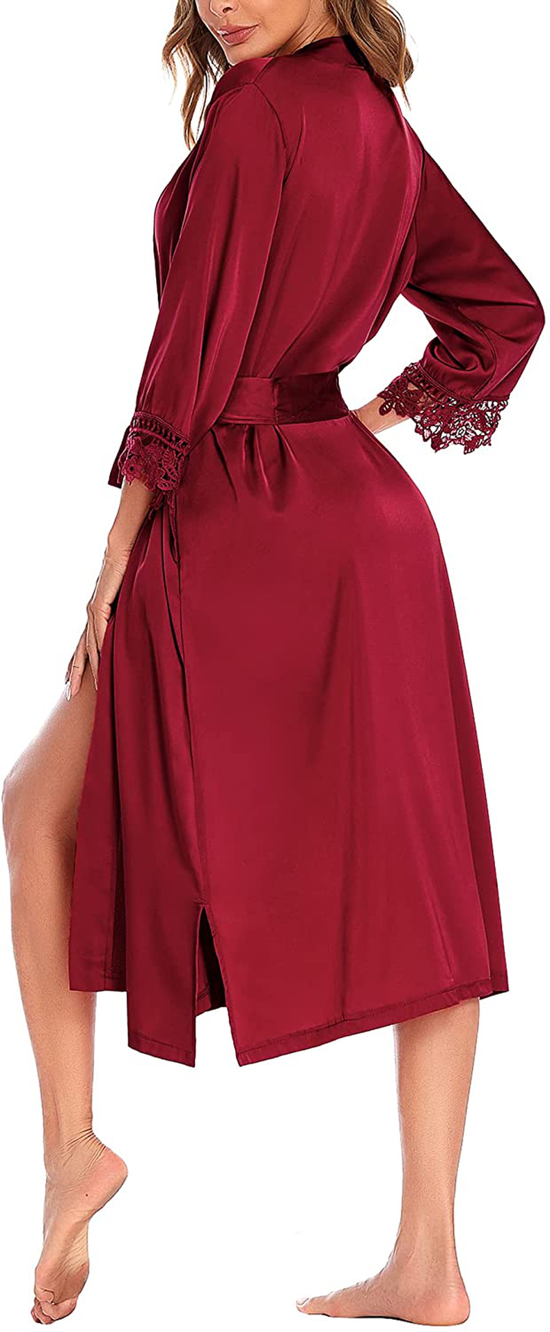 MAXMODA Women'S Satin Robe Lace-Trim Kimono Style Long Silk Robe Sleepwear with 3/4 Sleeve Apparel & Accessories > Clothing > Sleepwear & Loungewear > Robes MAXMODA