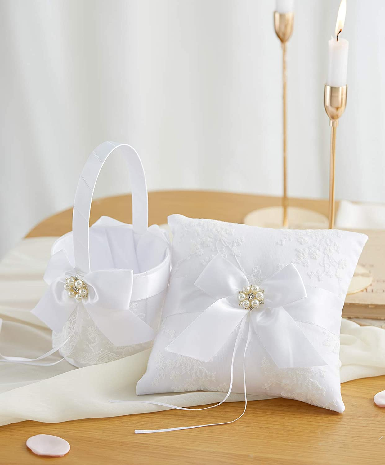 ATAILOVE Wedding Flower Girl Basket and Ring Bearer Pillow Set, Satin Bow Lace Rhinestone Collection (White) Apparel & Accessories > Clothing > Underwear & Socks > Lingerie ATAILOVE