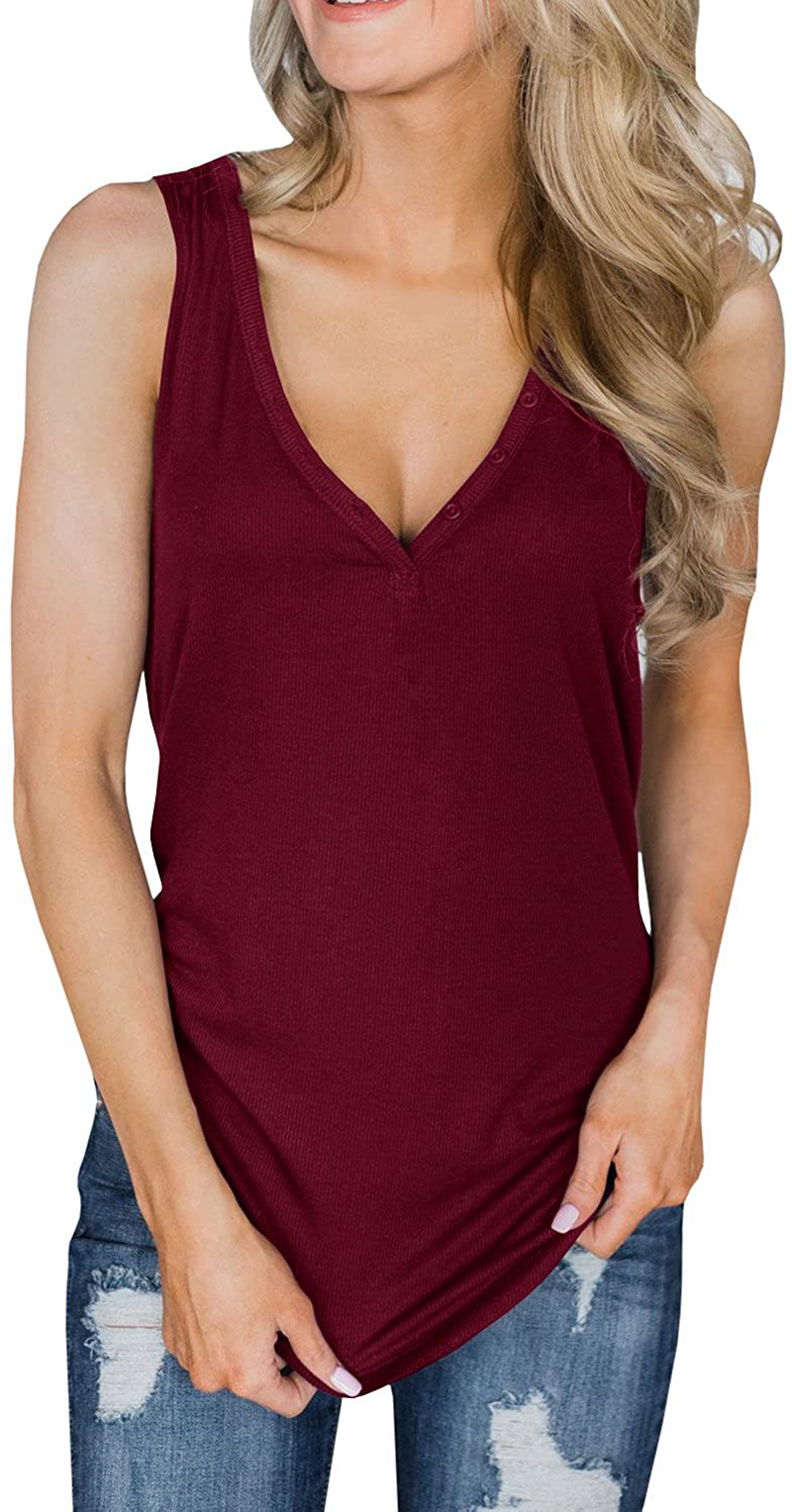Dellytop Womens V Neck Tank Tops Sleeveless Henley Shirts Button up Ribbed Long Tunic Tees Apparel & Accessories > Clothing > Activewear Kylie Max