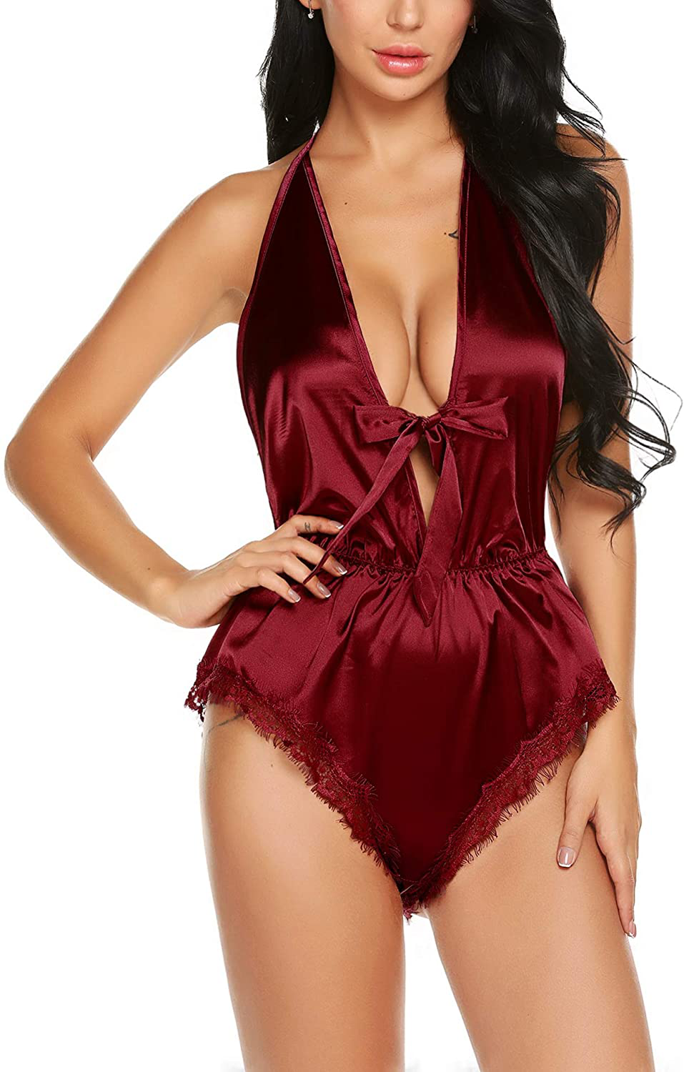 Avidlove Women Lingerie Satin Bodysuit Teddy Babydoll One Piece Halter Pajamas Deep V Jumpsuit Short Nightwear Apparel & Accessories > Clothing > Underwear & Socks > Lingerie Avidlove